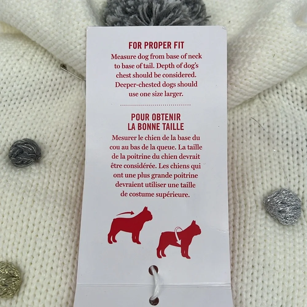 Martha Stewart Cram Ivory‎ Dog Sweater Metallic Pom Pom Hooded Festive Large